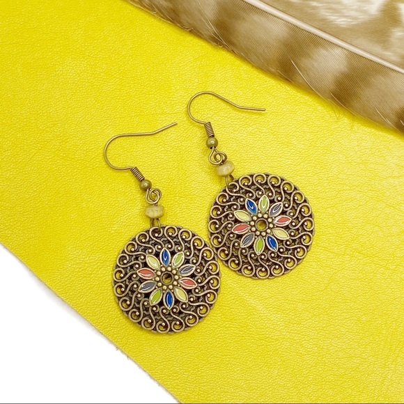 3/$15 Bohemian Flower Mandala Dangle Drop Earrings - Picture 2 of 3